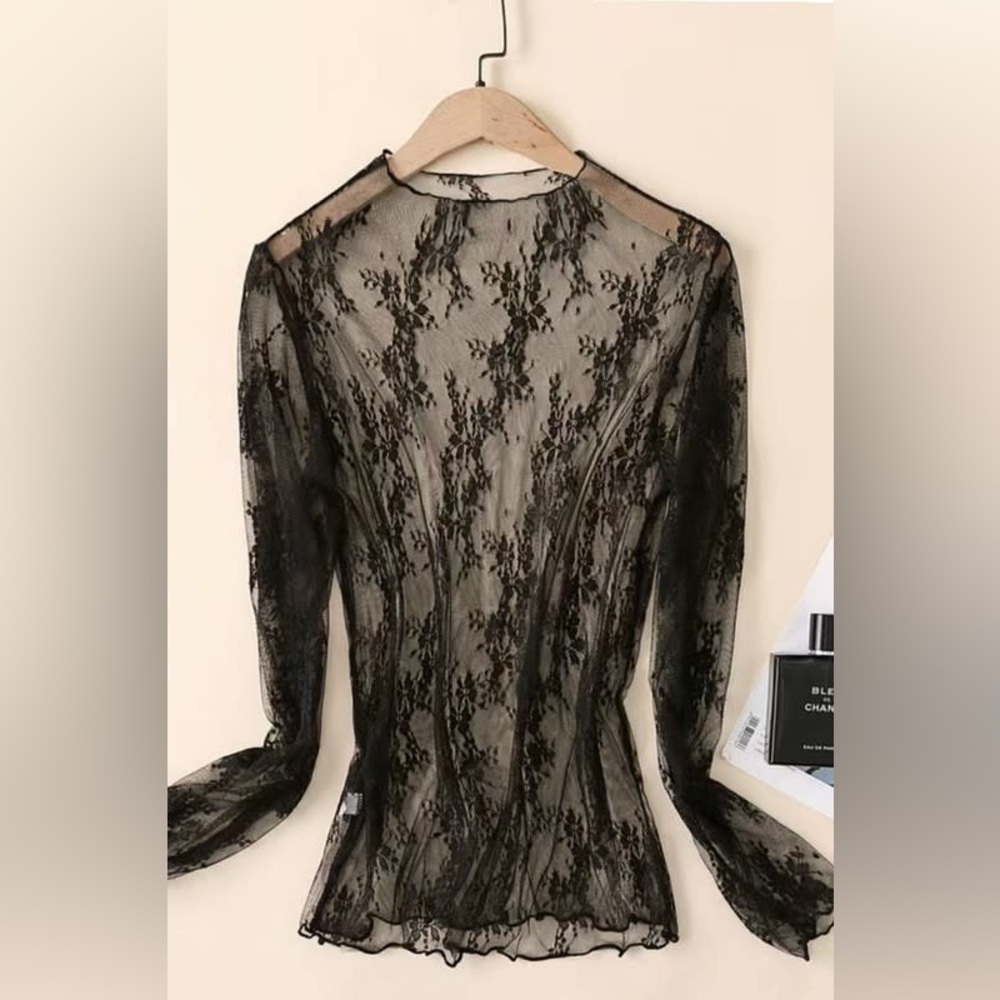 Lace Mesh Sheer Top Black